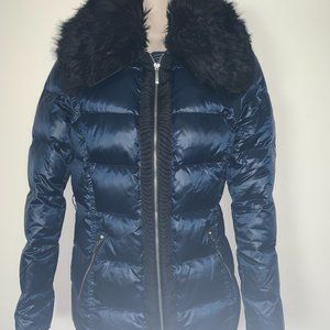 Laundry by Shelli Segal Faux Fur Trim Navy Down Coat Size M Excellent